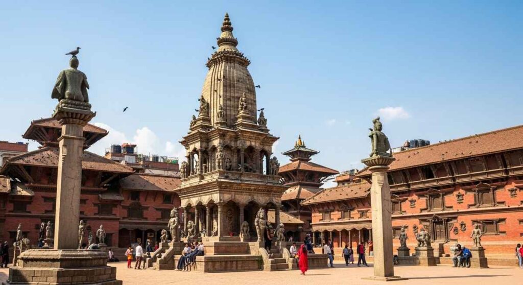 Patan Durbar Square with Krishna Mandir temple and traditional Newari architecture.