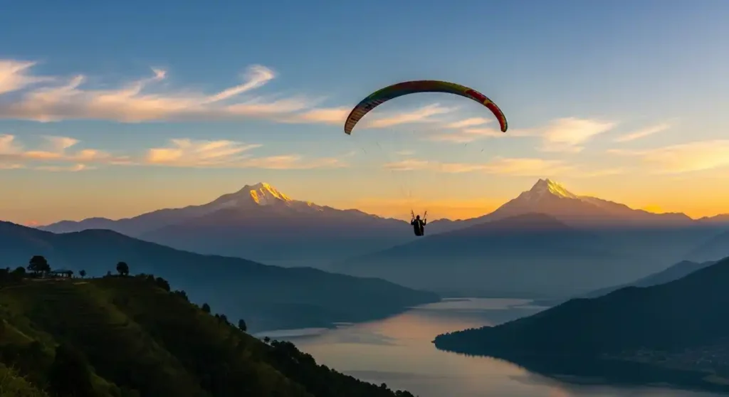 A paraglider flying over Phewa Lake at sunrise with Himalayan peaks in the background.