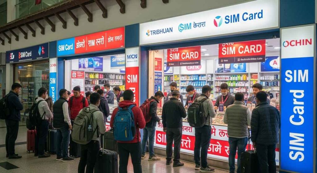 SIM card booth at Tribhuvan International Airport in Kathmandu, Nepal.